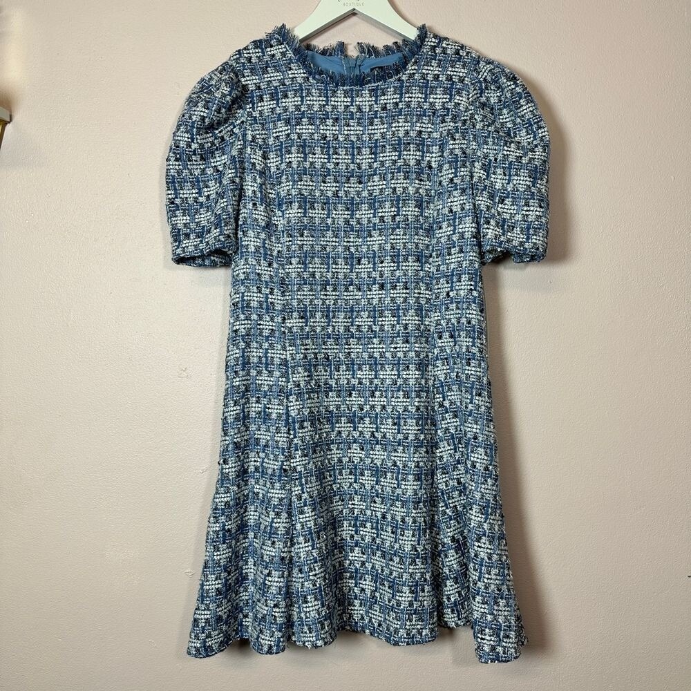 AQUA Blue Multi Tweed Puff Sleeve Fringed Neck Dress Size‎ L